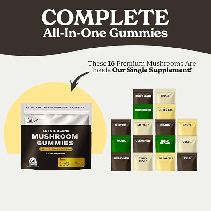 16 in 1 Blend Mushrooms Gummies for Adults - Lion's Mane Mushroom Supplement, Focus Gummies with Lions Mane, Lion's Mane for Adults, Natural Mushroom Supplement for Cognitive Support & Clarity