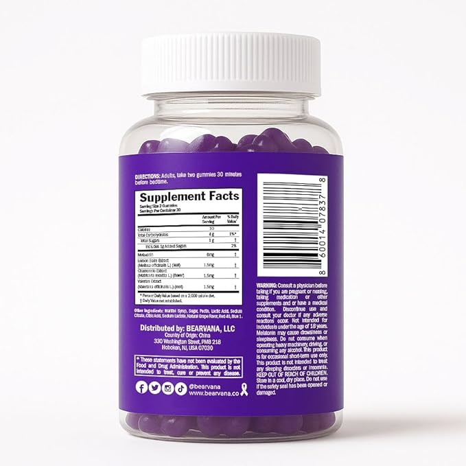 BEARVANA Sleep Gummies with Melatonin | Grape Flavored Vegan Sleep Supplement with Lemon Balm, Chamomile & Valerian Root | Night time Relaxation & Rest Support | 60 Gummies