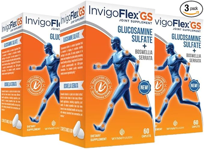 INVIGOFLEX Glucosamine Sulfate (Shellfish Free, Sodium Free & Vegetarian Safe) Non GMO, Gluten Free - with Boswellia Serrata - Premium Joint Supplement GS - 3 Pack