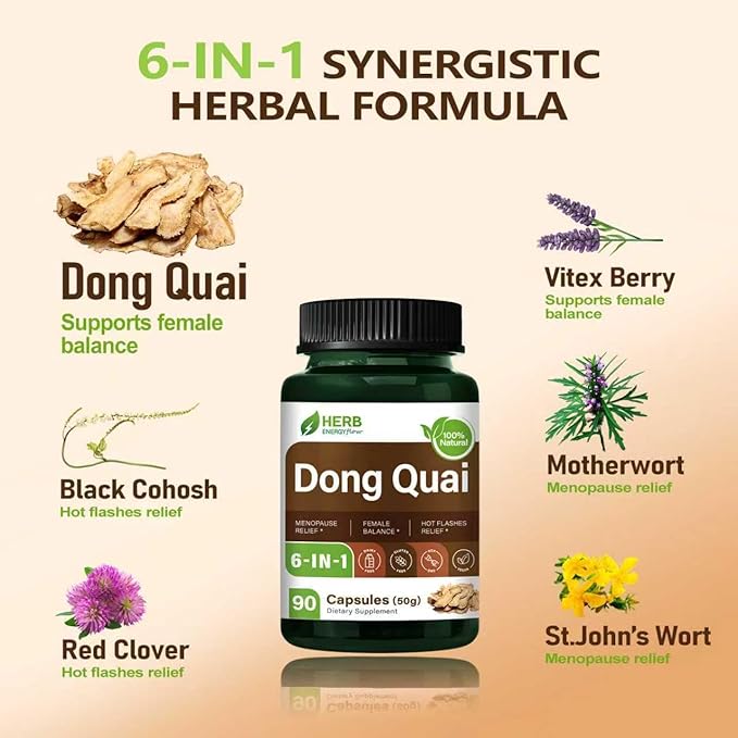HERBENENERGYflow Dong Quai Capsules, 90 Count. Women Health Supplement for Menopause Relief | Female Balance & Hot Flashes Relief. | Non-GMO, Vegetarian Capsules w/Black Cohosh Red Clover.