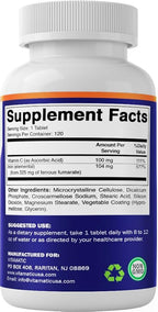 Vitamatic Ferrous Fumarate 325 mg + Vitamin C 100 mg (104 mg Elemental Iron) – High Potency Iron Supplement – Gentle on Stomach, 120 Coated Tablets, Made in USA