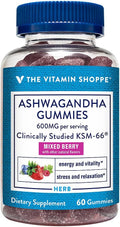 The Vitamin Shoppe Ashwagandha 600 MG - Stress Support, Energy & Adaptogenic Wellness, Root Extract (60 Gummies)