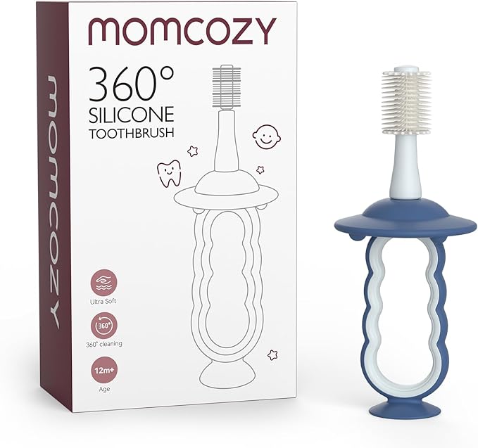 Momcozy Baby Toothbrush, Toddler Toothbrush 1-2, Infant Tooth Brush 6 to 12 Months and up, Oral Cleaner, Baby Tongue Cleaner, Blue