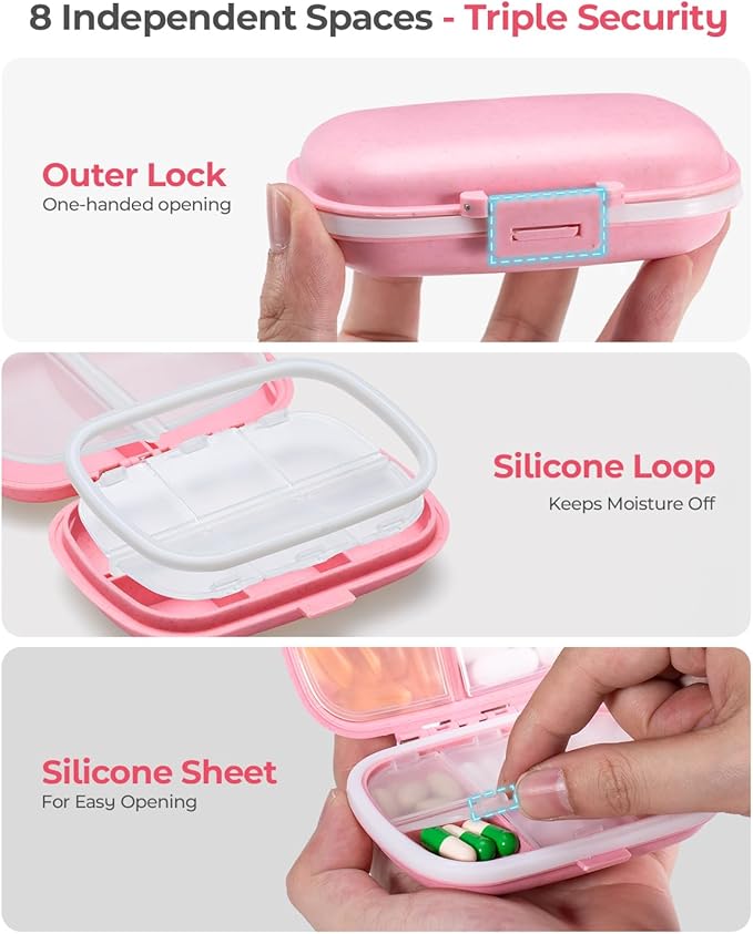Travel Pill Organizer, 6+2 Extra Large Compartments Portable Pill Case, Daily Pill Box to Hold Vitamins, Small Pill Container for Pocket Purse Medicine Organizer（Pink）