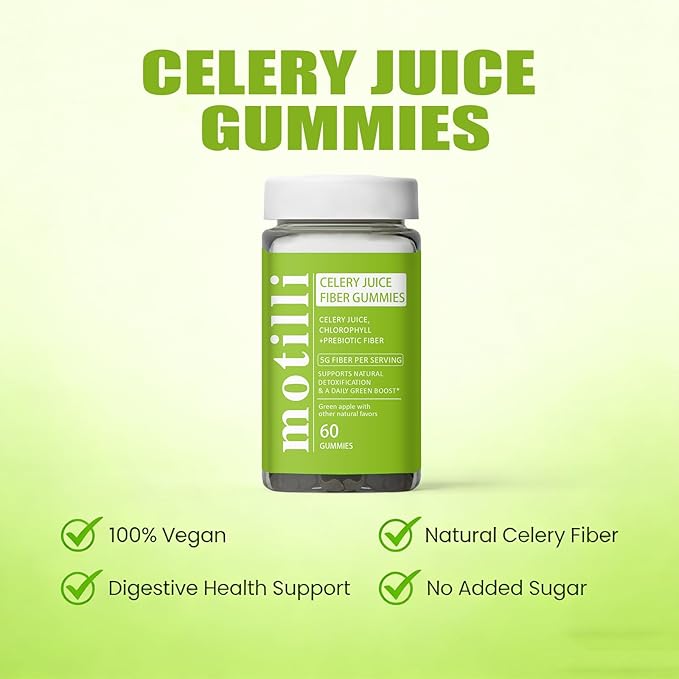Motilli Celery Juice Gummies, Fiber Gummies with Celery Juice, Support Gut Health, Chlorophyll & Prebiotic Fiber, 60 Count(1PC)