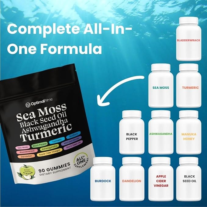Optimal Prime Sea Moss and Black Seed Oil Gummies, Ashwagandha, Turmeric, Manuka Honey, ACV, Dandelion, Black Pepper, Burdock, Bladderwrack, Vegan, 90 Gummies 45 Day Supply