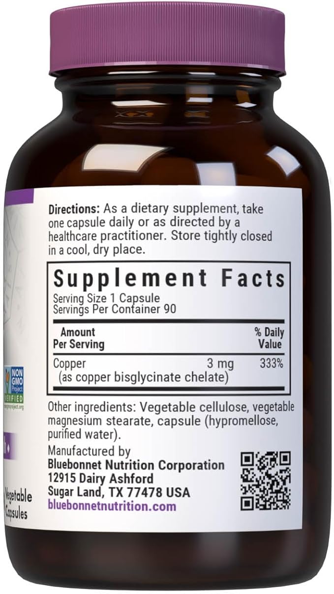 Bluebonnet Nutrition Albion Chelated Copper, Nervous System & Immune Health*, Soy-Free, Gluten-Free, Non-GMO, Kosher Certified, Dairy-Free, Vegan, 90 Vegetable Capsules, 90 Servings