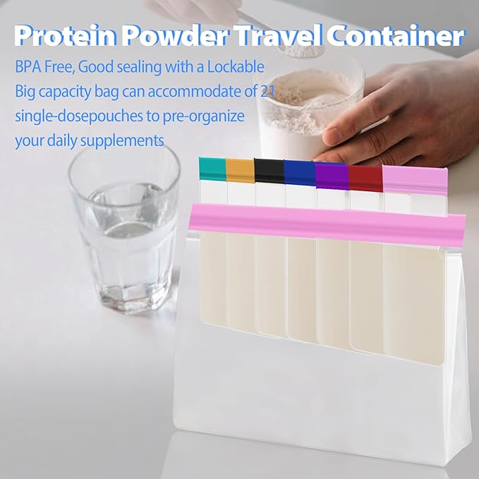 30Pcs Portable Protein Powder Travel Container Set, Reusable Powder Supplement Container To Go with 3Pcs Large Bags, 21Pcs Single-Dose Bags, 2Pcs Funnel & Spoon, Ideal for Gym & Travel