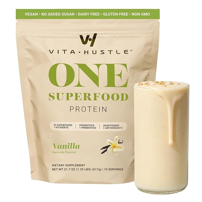 VitaHustle ONE Vegan Vanilla Protein Powder - 20g Plant Protein Meal Replacement with 86+ Superfoods & Greens, Probiotics + No Bloat Digestive Blend - Dairy Free, Gluten Free (15 Servings)