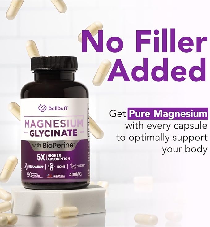 Pure Magnesium Glycinate 400mg - 5X Higher Absorption - Support Stress Relief, Sleep, Bone Health - 100% Chelated - Pure Magnesium Supplement for Women and Men- 90 Veggie Capsules