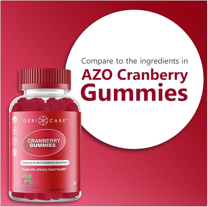 GeriCare Cranberry Gummies Compare to Azo, Naturally Sourced Cranberry Extract for UTI & Bladder Health, Antioxidant Support, Non-GMO | Gluten-Free | Vegan | Gelatin-Free | Naturally Sourced, 60 Count