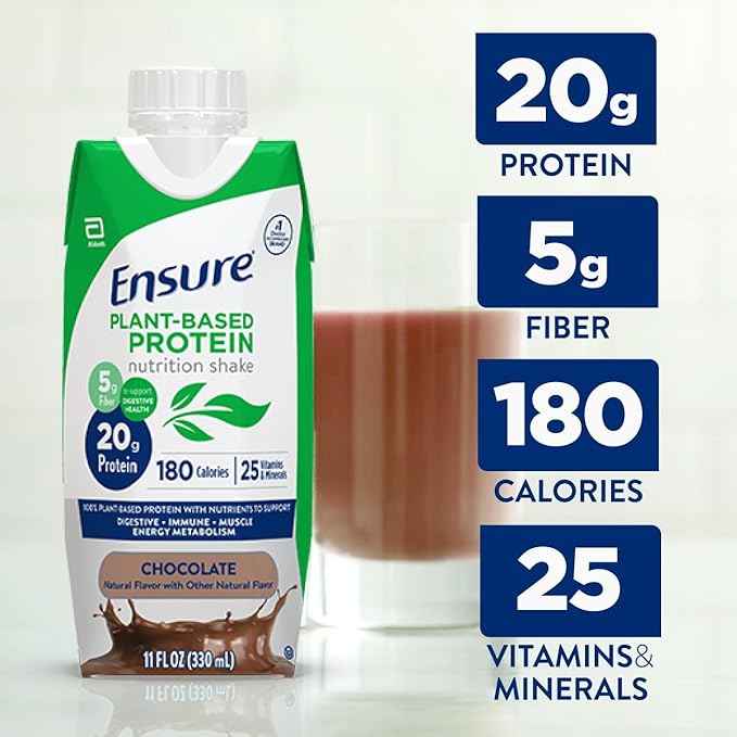 Ensure Plant-Based Protein Shake With 20g Protein, 5g Fiber, Ready to Drink, Chocolate, 11 Fl Oz, 24 Pack