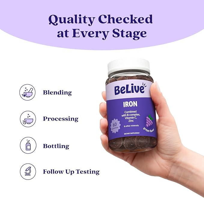BeLive Iron Gummies - Multivitamin Iron Supplement with Vitamin C, A, B & Zinc, Supports Blood Oxygen, Vegan Supplements for Women, Men & Kids for Growth and Development - Grape Flavor | 2-Pack