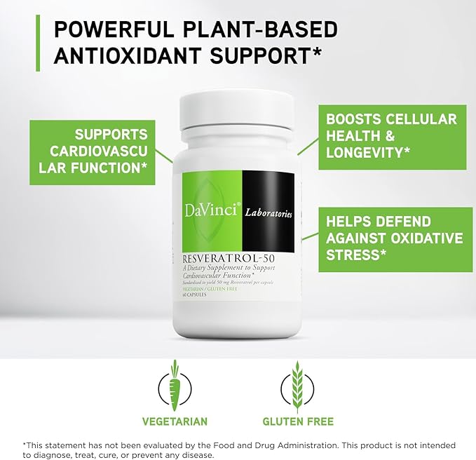 DAVINCI Labs Resveratrol-50 - Helps Support Immune System, Bone Health & Heart Health with Resveratrol* - Gluten-Free & Vegetarian - 60 Capsules