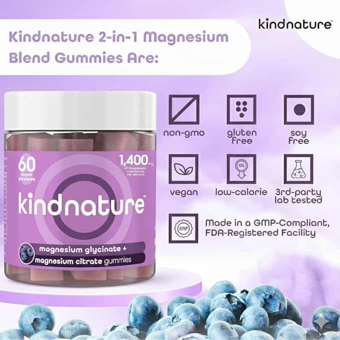 kindnature Magnesium Glycinate & Citrate Gummies – Calm Magnesium Complex for Sleep, Stress, Cramps & Digestion – Chewable Vegan Magnesium Supplement for Women, Teens, Adults – 60 Ct