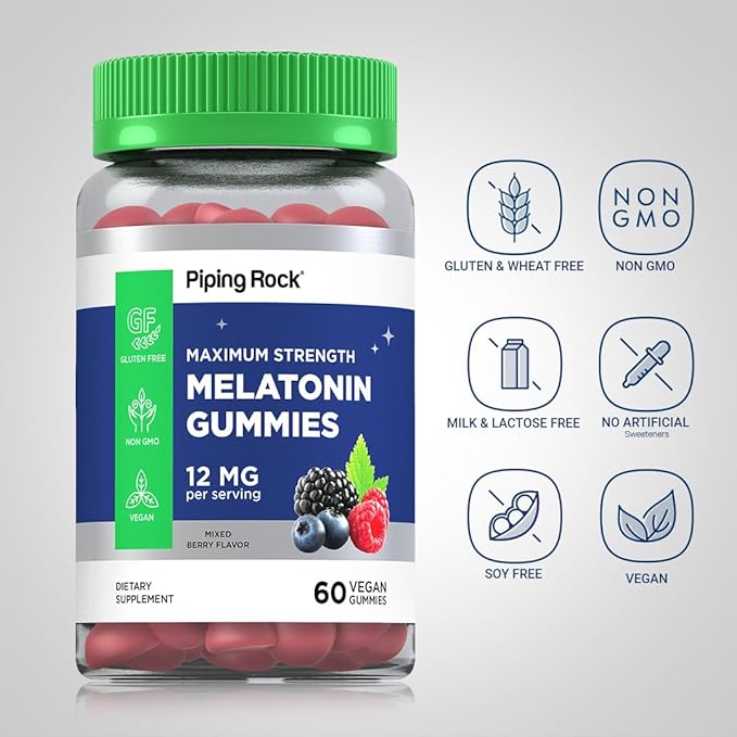 Piping Rock Melatonin Gummies 12mg | 60 Count | Maximum Strength Supplement for Adults | Berry Flavor | Vegan, Non-GMO, Gluten Free