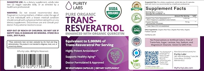 Purity Labs Trans-Resveratrol Supplement 5,000 mg Equivalent per Serving with Quercetin, USDA Organic High Potency Antioxidant, Vegan Capsules, 90 Count