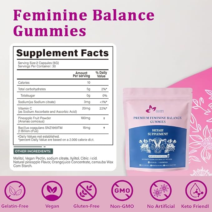 GUITI Premium Feminine Balance Gummies, Hawaiian Pineapple Flavored Gummies, Pineapple Gummies for Women PH, Vaginal Probiotics, 60 Gummies ﻿