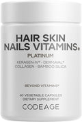 Codeage Hair Skin Nails Vitamins Platinum - KeraGEN-IV Keratin, Dermaval - Hair Fall, Skin Elasticity & Moisture Support - Biotin 5000, Collagen, Vitamin C, Coffeeberry, PABA Supplement - 60 Capsules