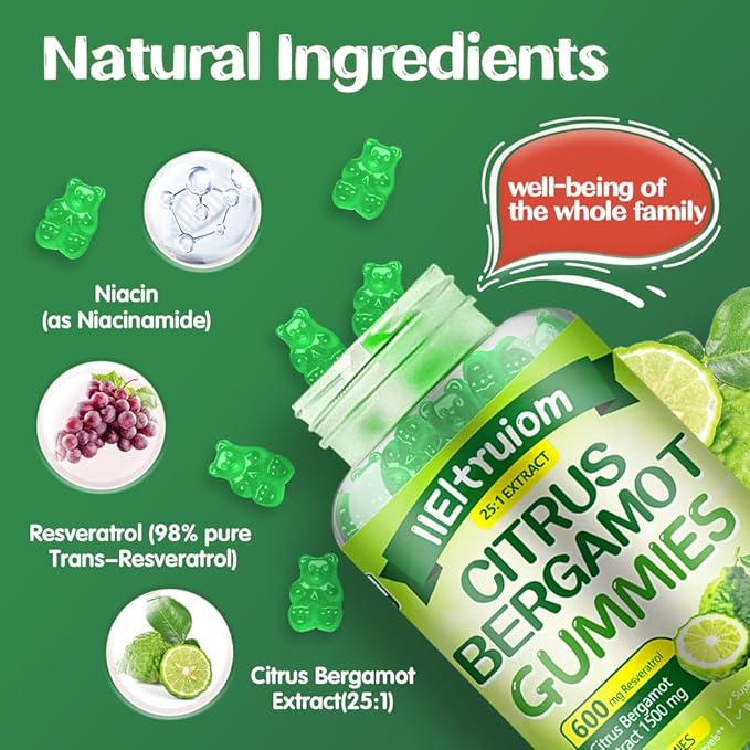 Citrus Bergamot 1500mg, Citrus Bergamot Gummies for Healthy Cholesterol, Bergamot Supplements 25:1 Extract from Italy Bergamot, Resveratrol & Niacin - Gluten Free, 120 Count