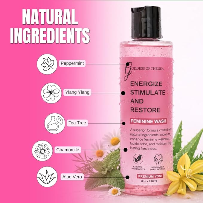 Premium Yoni Feminine Wash – pH Balance Minty Feminine Wash – Natural Ingredients Feminine Care Daily Wash Great for Odor, Discharge, Dryness, BV – 8oz Bottle
