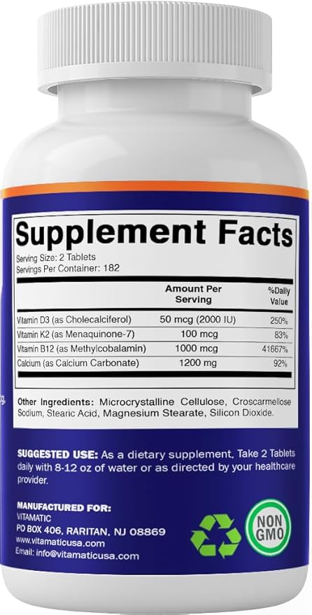 Vitamatic Calcium Supplement 1200mg with D3, K2 & B12, Immune & Bone Health Support - 365 Coated Tablets