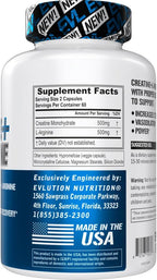 Evlution Nutrition Creatine + L-Arginine - Supports Blood Flow, Post-Workout Recovery & Lean Muscle Growth - 500mg Creatine Monohydrate & 500mg L-Arginine Per Serving -60 Servings -120 Veggie Capsules