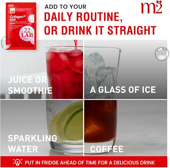 m2 Super Collagen Drink Liquid, Super Concentrate 6000mg Dual Peptide Collagen, Secrets of Korean Celebs, 68% More Collagen After 24 Hours, Drink from Pouch, No Added Sugar (8pk)