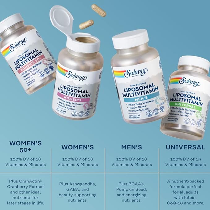 SOLARAY Liposomal Multivitamin for Men, Enhanced Absorption Immune, Energy & Bone Support, Mens Daily Multi Vitamin, BCAAs, Vitamin D3, C, B12, Zinc, Vegan, Soy Free, 30 Serv, 60 VegCaps