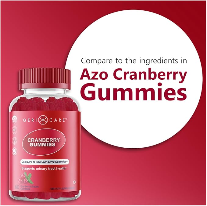 GeriCare Cranberry Gummies, Compare to AZO Naturally Sourced Cranberry Extract for UTI & Bladder Health, Antioxidant Support, Non-GMO, Gluten-Free, Vegan, Gelatin-Free, 60 Count (2 Pack)