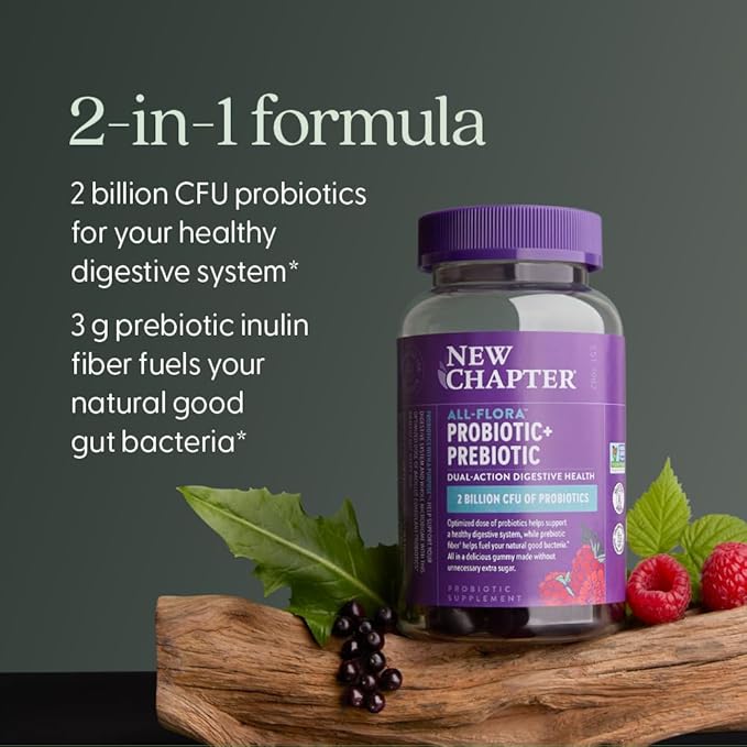 New Chapter Probiotic Gummies for Women and Men,All-Flora (1 Month Supply) – 55% Less Sugar+,Formulated for Holistic Gut Health Support with Probiotics+Prebiotic Fiber+100% Vegan+Non-GMO,(Pack of 2)