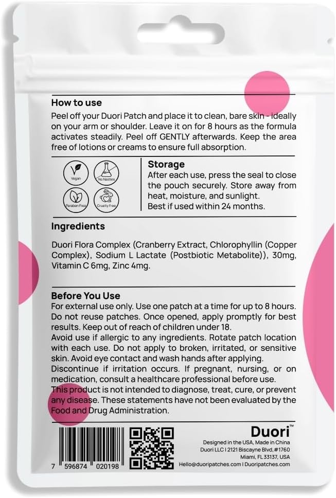 DUORI Flora Patch - Vaginal Postbiotics Support for Women - Promote Healthy Vaginal Odor & Flora - PH Balance with Cranberry Extract - Vitamin C - Zinc - Vegan Daily Vaginal Health Patch - 30 Patches