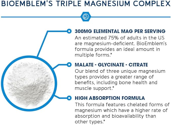 BioEmblem Triple Magnesium Complex | 300mg of Magnesium Glycinate, Malate, & Citrate for Muscles, Nerves, & Energy | High Absorption | Vegan, Non-GMO (180 Capsules)