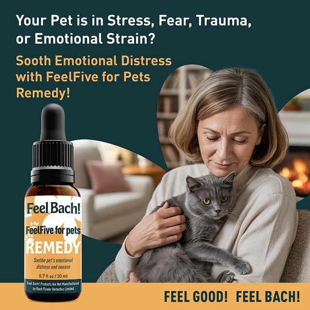 Feel Bach! FeelFive for Pets Remedy, Natural Homeopathic Flower Essences for Emergency Support, Relief of Fear, Worry and New Adoption, Vegan, Gluten & Sugar-Free, Non-Habit Forming, 20ml (0.7 fl oz)