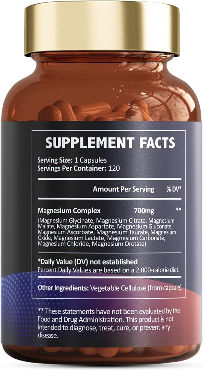 Totaria Magnesium Complex 700mg 12 in 1 Magnesium Supplement with Glycinate Citrate Malate Oxide Taurate Aspartate Orotate Magnesium Relaxation,Muscle,Heart Support, Vegan 120 Capsules