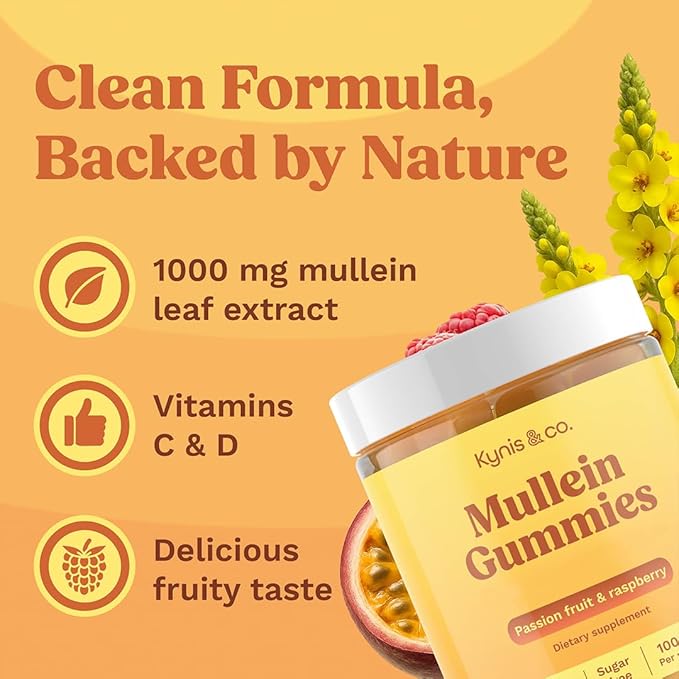Kynis & co. Mullein Gummies for Overall Wellness – Mullein Leaf Extract, Quercetin, Bromelain, Ashwagandha, Vitamin C & D – Passion Fruit & Raspberry Flavor – 60 Gummies
