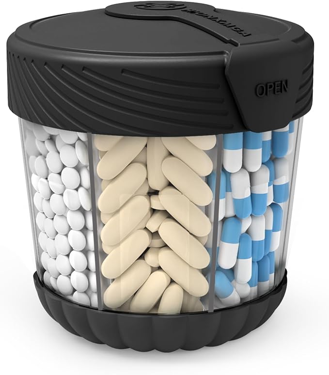 HIONXMGA Large Pill Dispenser with 7 Compartments, Portable Pill Bottle Organizer for Travel, Anti-Mix Supplement Organizer Easy Twist Wide-Opening, BPA-Free Pill Box Container with 20Pcs Labels,Black