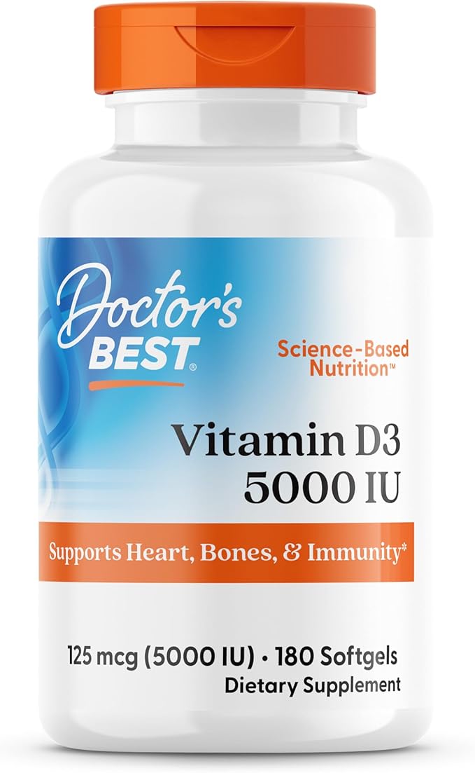 Doctor's Best Vitamin D3 5000IU, Non-GMO, Gluten & Soy Free, Regulates Immune Function, Supports Healthy Bones, White, No Flavour, 180 Count