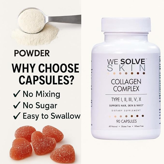 Multi Collagen Peptides Pills for Women & Men – 5 Types (I, II, III, V, X) – Marine, Chicken & Bovine Collagen – Supports Hair, Skin, Nails, Joints & Bones – Gluten-Free Capsules (90 Count)