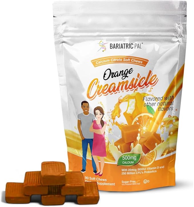 BariatricPal Sugar-Free Calcium Citrate Soft Chews | 500mg with Vitamin D & Probiotics | Orange Creamsicle | 90 Count (1 Month Supply)