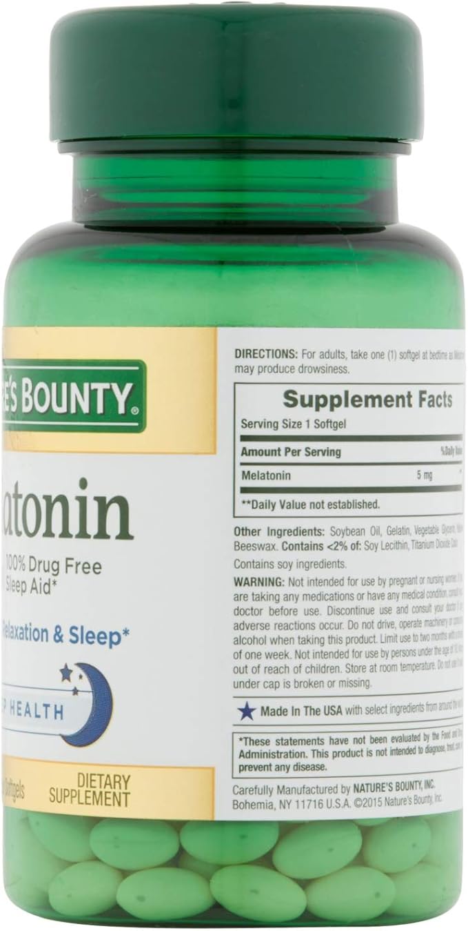 Melatonin by Nature's Bounty, 100% Drug Free Sleep Aid, Dietary Supplement, Promotes Relaxation and Sleep Health, 5mg, 90 Rapid Release Softgels