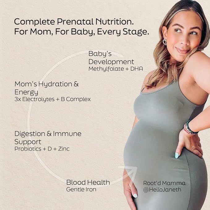 Root'd Prenatal DHA + Multivitamin Powder for Pregnancy Support, Fetal Development, Hydration & Immune Boost - Vegan, Non-GMO, Sugar Free - for Mom