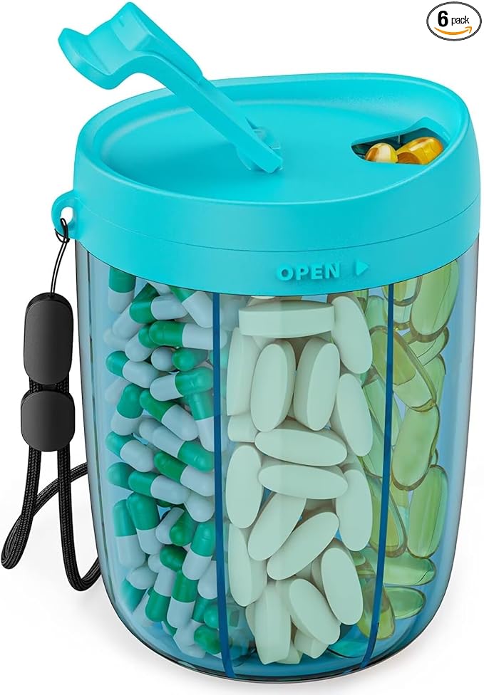 PULIV Large Pill Bottle Organizer, Supplement Organizer for Holding 6 Various Vitamins, Pill Box Case with Anti-Mixing & Wide Opening Design, Easy to Retrieve Meds and 20 Pcs Stick-on Labels, Blue