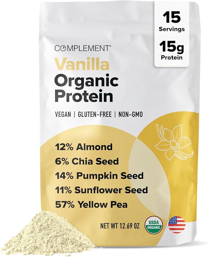 Complement Vegan Vanilla Protein Powder - Organic Protein Low Carb, Low Calorie, Sugar Free, Soy Free, Non-GMO, Gluten Free, Non Dairy - 15g Yellow Pea, Pumpkin Seed Protein Powder (15 Serving)