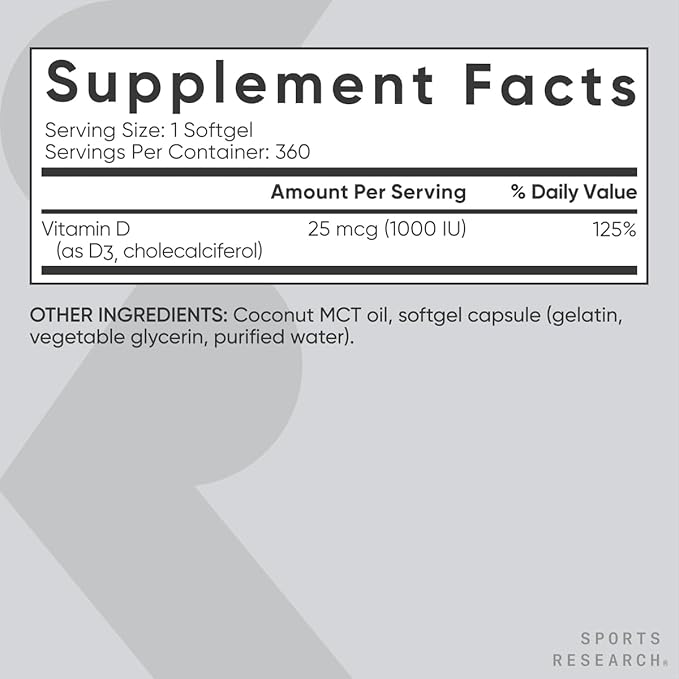 Sports Research® Vitamin D3 1000 IU with Coconut MCT Oil - High Potency Vitamin D Supplement for Immune & Bone Support - Gluten Free · Non-GMO · Soy Free - 360 Count Softgels