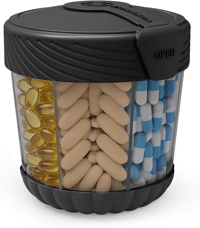 HIONXMGA Pill Dispenser with 7 Large Compartments,Portable Pill Bottle Organizer for Travel,Anti-Mixing Supplement Organizer Easy Twist Wide-Opening Pill Container with 20Pcs Labels,Translucent Black