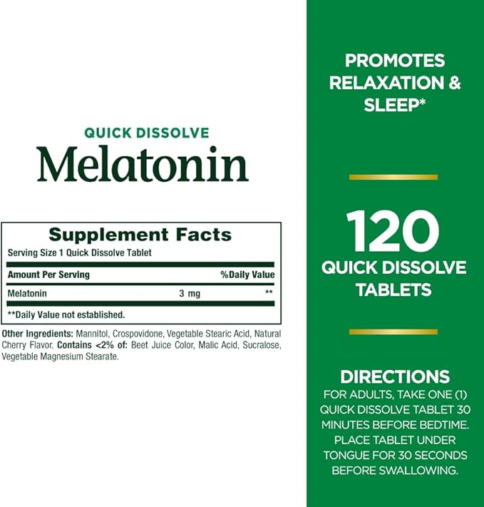 Nature's Bounty Melatonin, Promotes Relaxation & Sleep, 100% Drug Free Sleep Aid, 3 mg, 120 Quick Dissolve Tablets (Pack of 3)