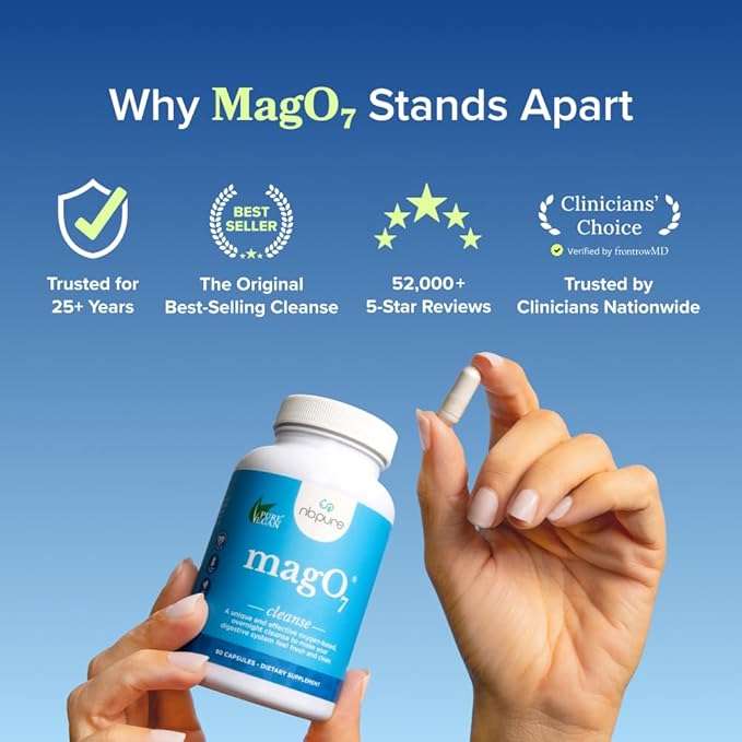 nbpure MagO7 - Natural Colon Cleanse & Detox - Occasional Constipation Relief, Stool Softener, & Bloating Support for Men & Women - Ozonated Magnesium Oxide, 30 Capsules