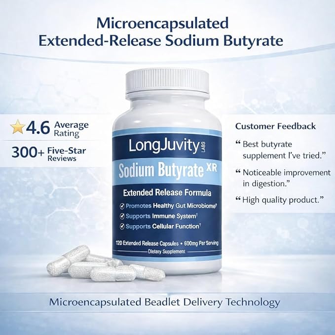 LongJuvity Sodium Butyrate Supplement (300mg) - Optimal Gut Health for Men & Women - Digestion Support & Leaky Gut Repair - Postbiotic Short Chain Fatty Acid, Lab Tested (120 Extended Release Caps)