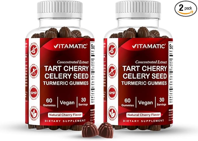 Vitamatic Tart Cherry (360 mg) with Celery Seed (30 mg) 10:1 Extract & Turmeric 20:1 Extract (10 mg) - (Per Serving/2 Gummies) - 60 Gummies (Pack of 2)